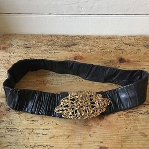 Vintage Leather Belt w/ Ornate Gold Brass Buckle